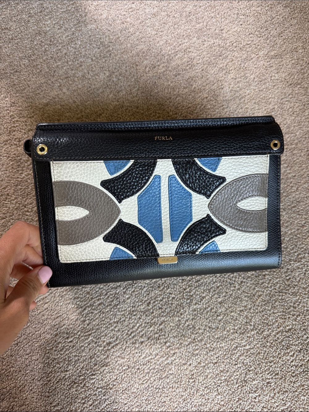 Furla Black, White, Blue & Gray Leather Geometric Clutch